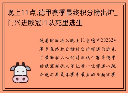 晚上11点,德甲赛季最终积分榜出炉_门兴进欧冠!1队死里逃生